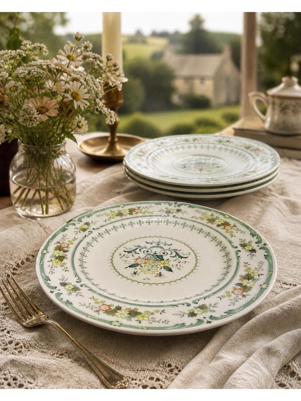 Royal Doulton 1970s Provencal TC1034 Set of 4 Dinner Plates Green Floral, 10.5”